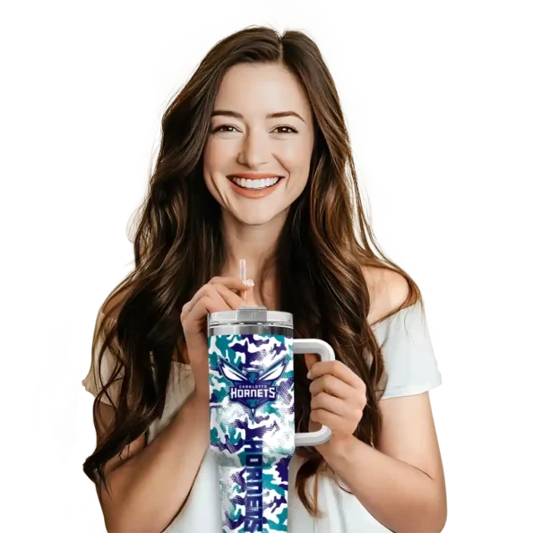 customized charlotte hornets camo mashup teal white curved tumbler premium grade 1.webp