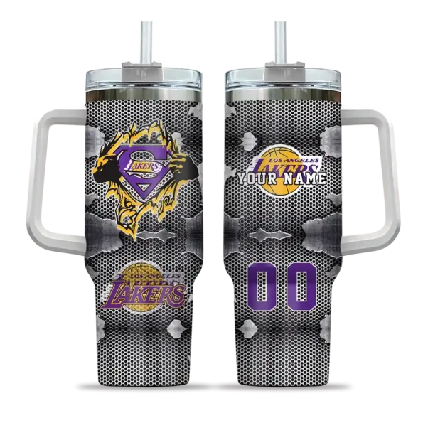 customized los angeles lakers superman shield purple gray curved tumbler best selling 1.webp