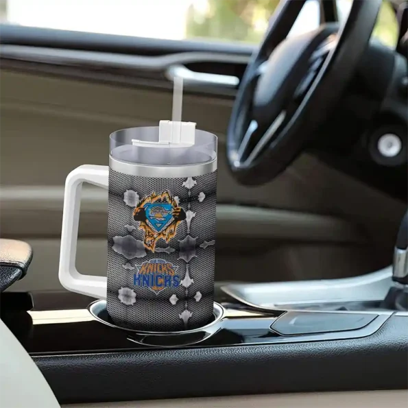 customized new york knicks superman shield blue gray curved tumbler trendy 1.webp