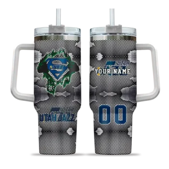 customized utah jazz superman shield navy gray curved tumbler best selling 1.webp