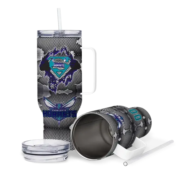 personalized charlotte hornets superman shield teal gray curved tumbler high quality 1.webp