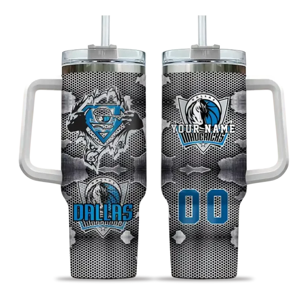 personalized dallas mavericks superman shield blue gray curved tumbler best selling 1.webp