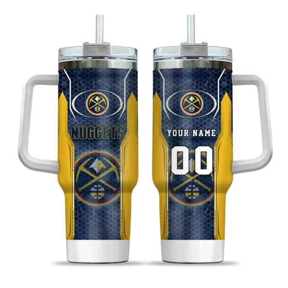 personalized denver nuggets hexagon armor blue curved tumbler best selling 1.webp