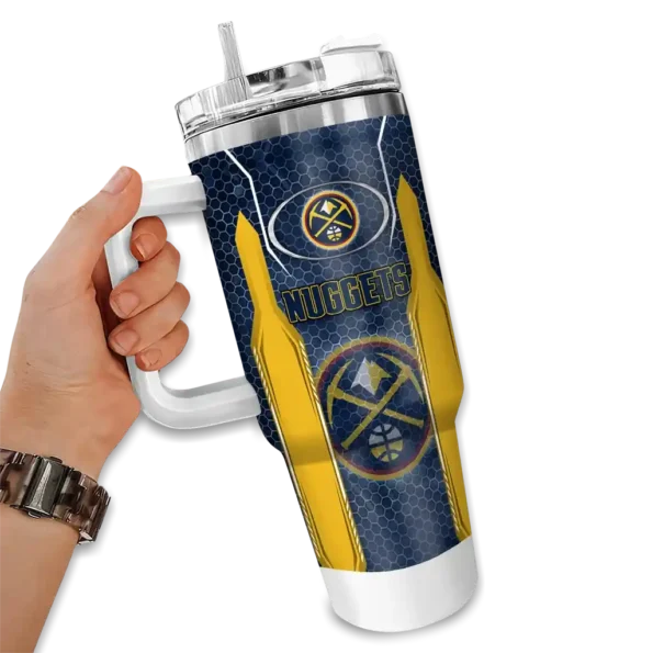 personalized denver nuggets hexagon armor blue curved tumbler fashion forward 1.webp
