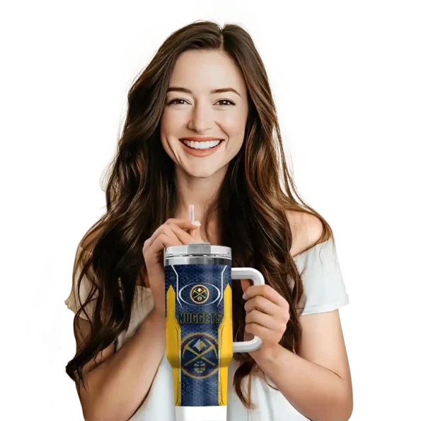 personalized denver nuggets hexagon armor blue curved tumbler premium grade 1.webp