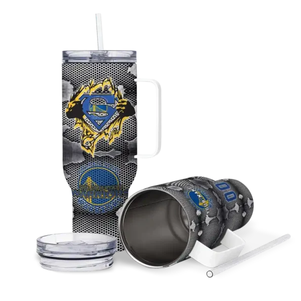 personalized golden state warriors superman shield blue gray curved tumbler high quality 1.webp