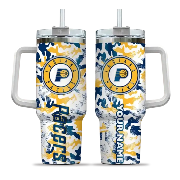 personalized indiana pacers camo mashup blue white curved tumbler best selling 1.webp