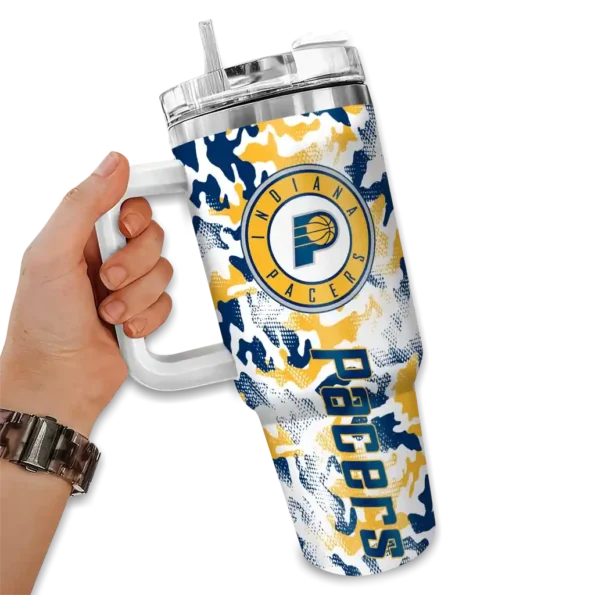 personalized indiana pacers camo mashup blue white curved tumbler fashion forward 1.webp