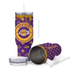 personalized los angeles lakers bullseye drips purple curved tumbler best selling 1.webp