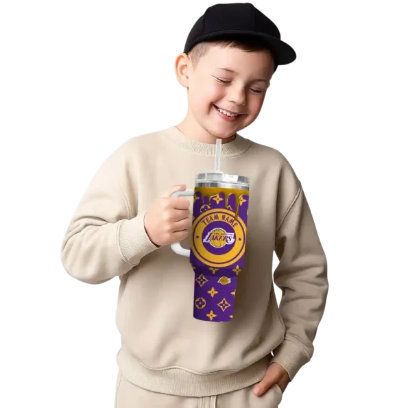 personalized los angeles lakers bullseye drips purple curved tumbler latest model 1.webp