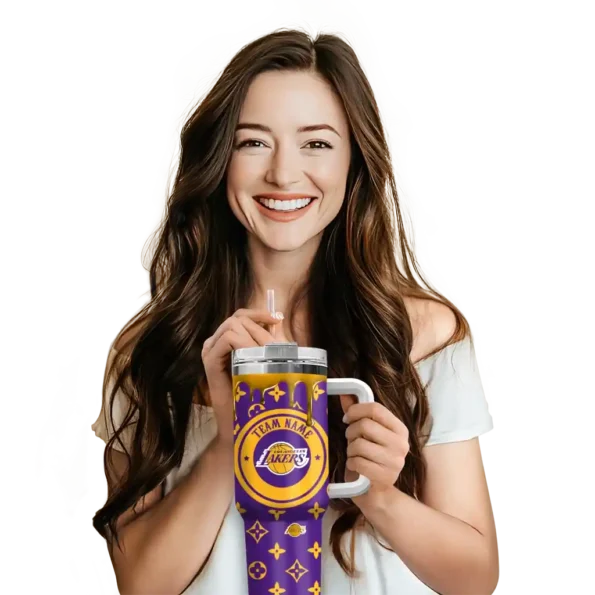 personalized los angeles lakers bullseye drips purple curved tumbler premium grade 1.webp