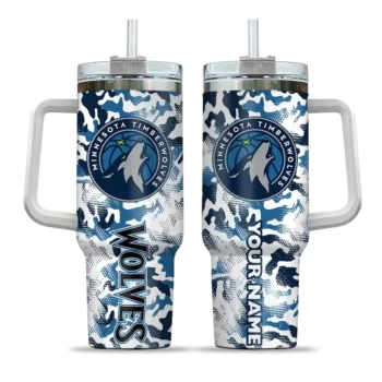 personalized minnesota timberwolves camo mashup midnight blue white curved tumbler best selling 1.webp