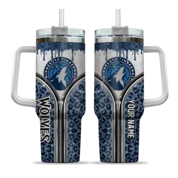 personalized minnesota timberwolves leopard zipper midnight blue curved tumbler best selling 1.webp