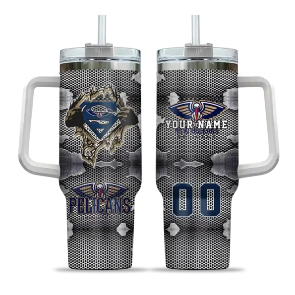personalized new orleans pelicans superman shield navy gray curved tumbler best selling 1.webp
