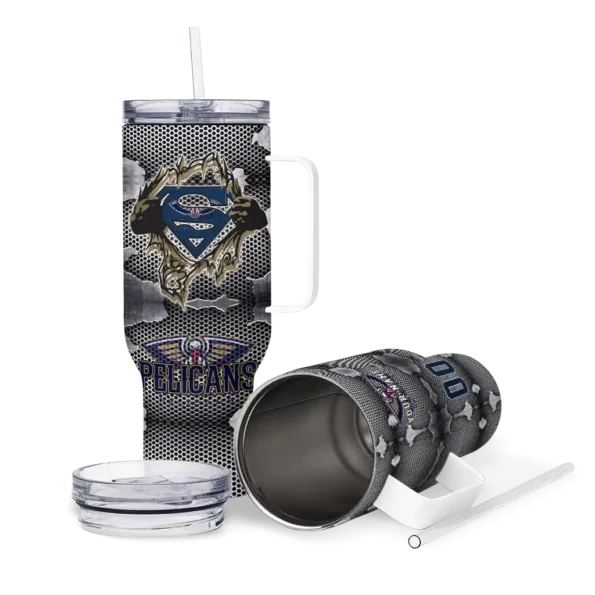 personalized new orleans pelicans superman shield navy gray curved tumbler high quality 1.webp