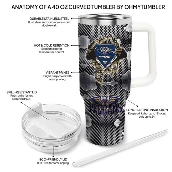 personalized new orleans pelicans superman shield navy gray curved tumbler new arrival 1.webp