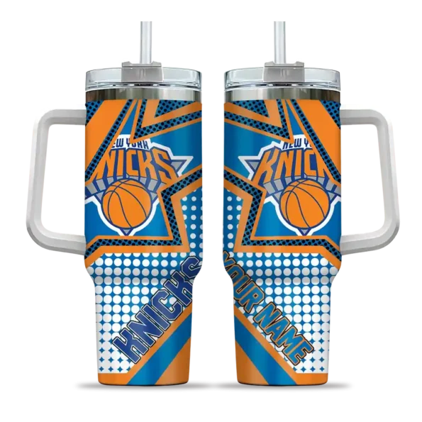 personalized new york knicks arrow burst blue curved tumbler best selling 1.webp