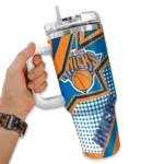 personalized new york knicks arrow burst blue curved tumbler best selling 1.webp