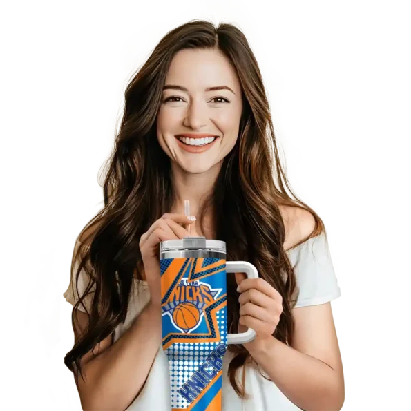 personalized new york knicks arrow burst blue curved tumbler premium grade 1.webp
