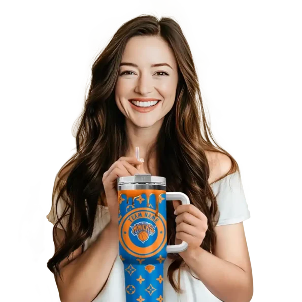 personalized new york knicks bullseye drips blue curved tumbler premium grade 1.webp