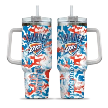 personalized oklahoma city thunder camo mashup blue white curved tumbler best selling 1.webp