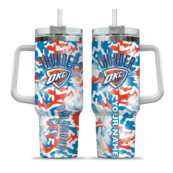 personalized oklahoma city thunder camo mashup blue white curved tumbler best selling 1.webp