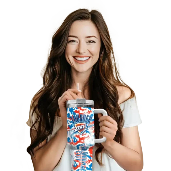 personalized oklahoma city thunder camo mashup blue white curved tumbler premium grade 1.webp