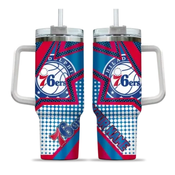 personalized philadelphia 76ers arrow burst blue curved tumbler best selling 1.webp