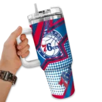 personalized philadelphia 76ers arrow burst blue curved tumbler best selling 1.webp