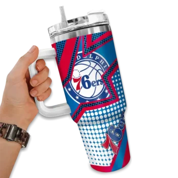 personalized philadelphia 76ers arrow burst blue curved tumbler fashion forward 1.webp