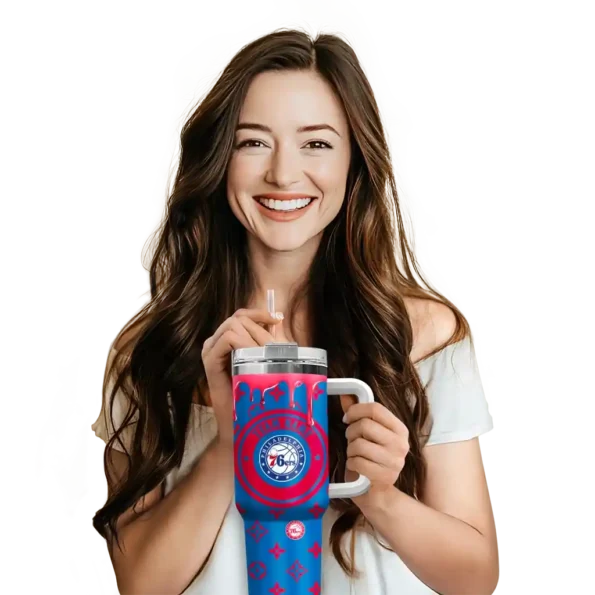 personalized philadelphia 76ers bullseye drips blue curved tumbler premium grade 1.webp