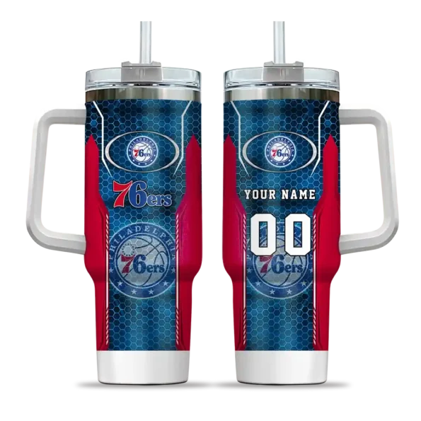 personalized philadelphia 76ers hexagon armor blue curved tumbler best selling 1.webp