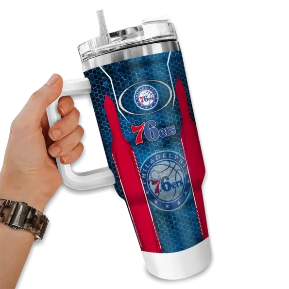 personalized philadelphia 76ers hexagon armor blue curved tumbler fashion forward 1.webp
