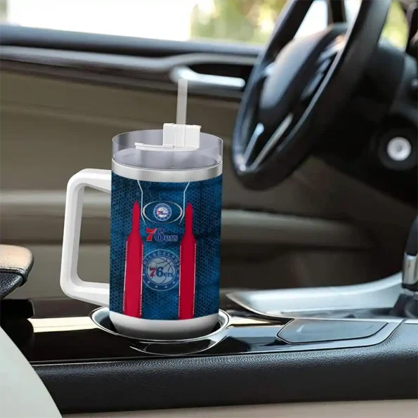 personalized philadelphia 76ers hexagon armor blue curved tumbler trendy 1.webp