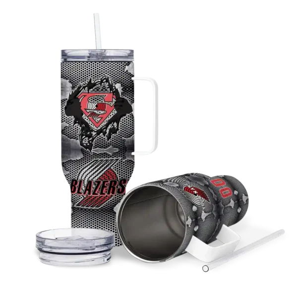 personalized portland trail blazers superman shield red gray curved tumbler high quality 1.webp