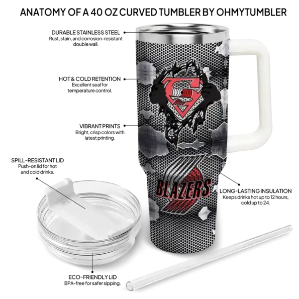 personalized portland trail blazers superman shield red gray curved tumbler new arrival 1.webp