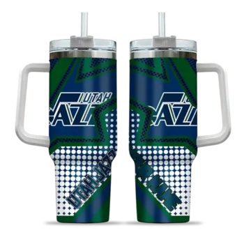 personalized utah jazz arrow burst navy curved tumbler best selling 1.webp