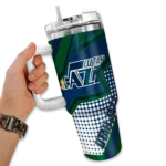 personalized utah jazz arrow burst navy curved tumbler best selling 1.webp