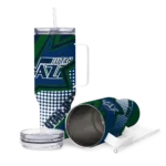 personalized utah jazz arrow burst navy curved tumbler best selling 1.webp