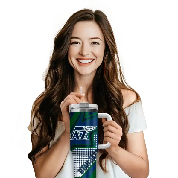 personalized utah jazz arrow burst navy curved tumbler premium grade 1.webp
