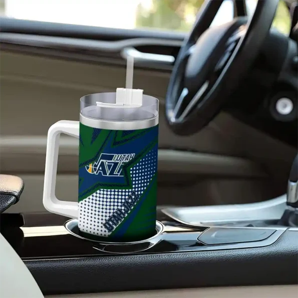 personalized utah jazz arrow burst navy curved tumbler trendy 1.webp