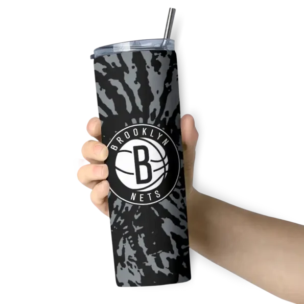 custom brooklyn nets metallic grid black skinny tumbler premium grade.webp