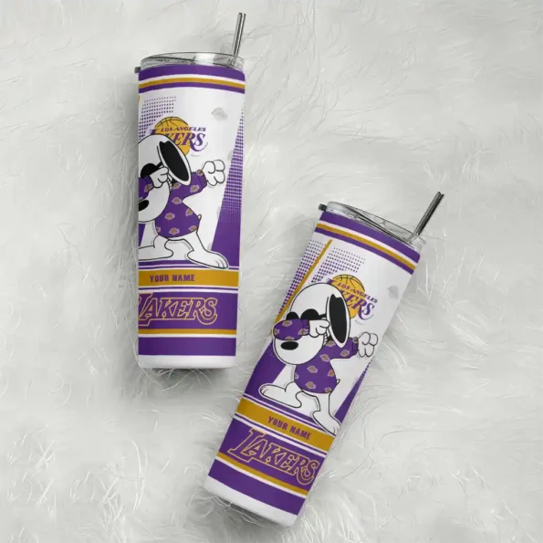 custom los angeles lakers snoopy dog purple white skinny tumbler top rated.webp