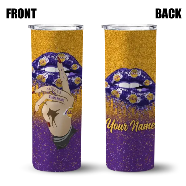 custom los angeles lakers sparkle lips purple skinny tumbler fashion forward.webp