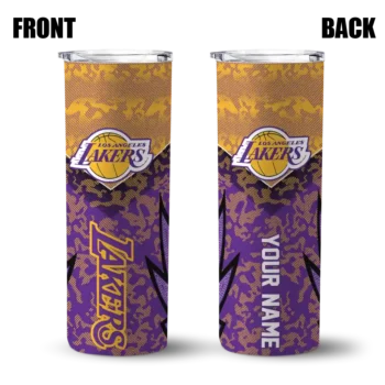 custom los angeles lakers spiral burst print purple skinny tumbler fashion forward.webp
