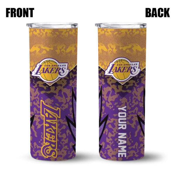custom los angeles lakers spiral burst print purple skinny tumbler fashion forward.webp