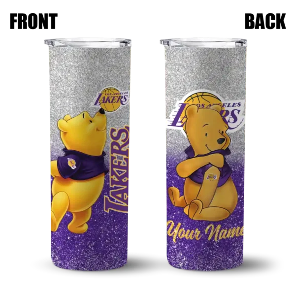 custom los angeles lakers winnie the pooh purple gray skinny tumbler fashion forward.webp