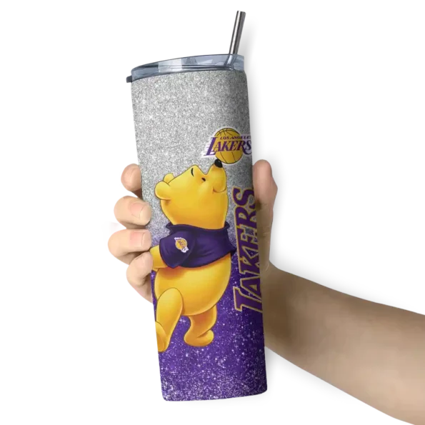 custom los angeles lakers winnie the pooh purple gray skinny tumbler premium grade.webp