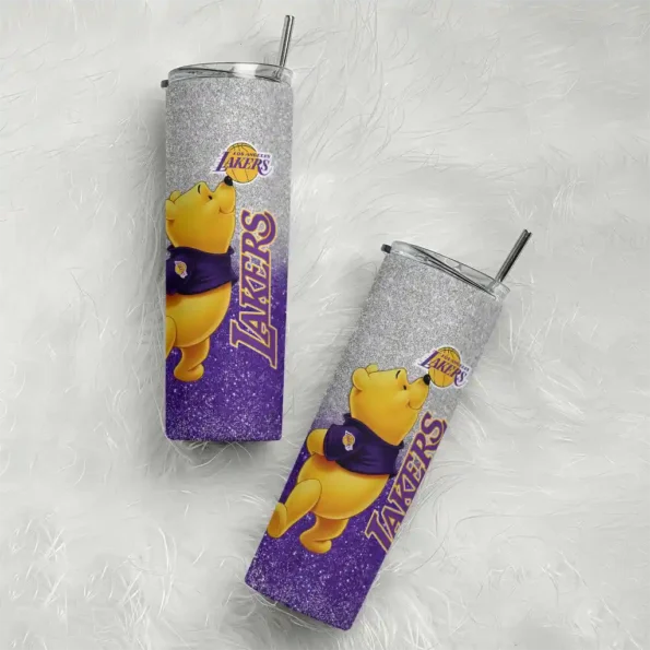 custom los angeles lakers winnie the pooh purple gray skinny tumbler top rated.webp