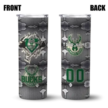 custom milwaukee bucks chevron v green gray skinny tumbler fashion forward.webp